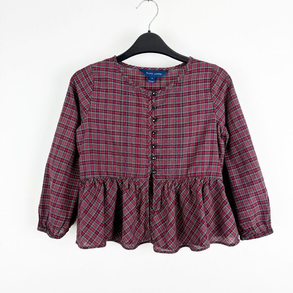 Ralph Lauren Girl's Plaid Red Green Tartan Long Sleeve Ruffle Buttons Top Size 5 - Picture 3 of 15